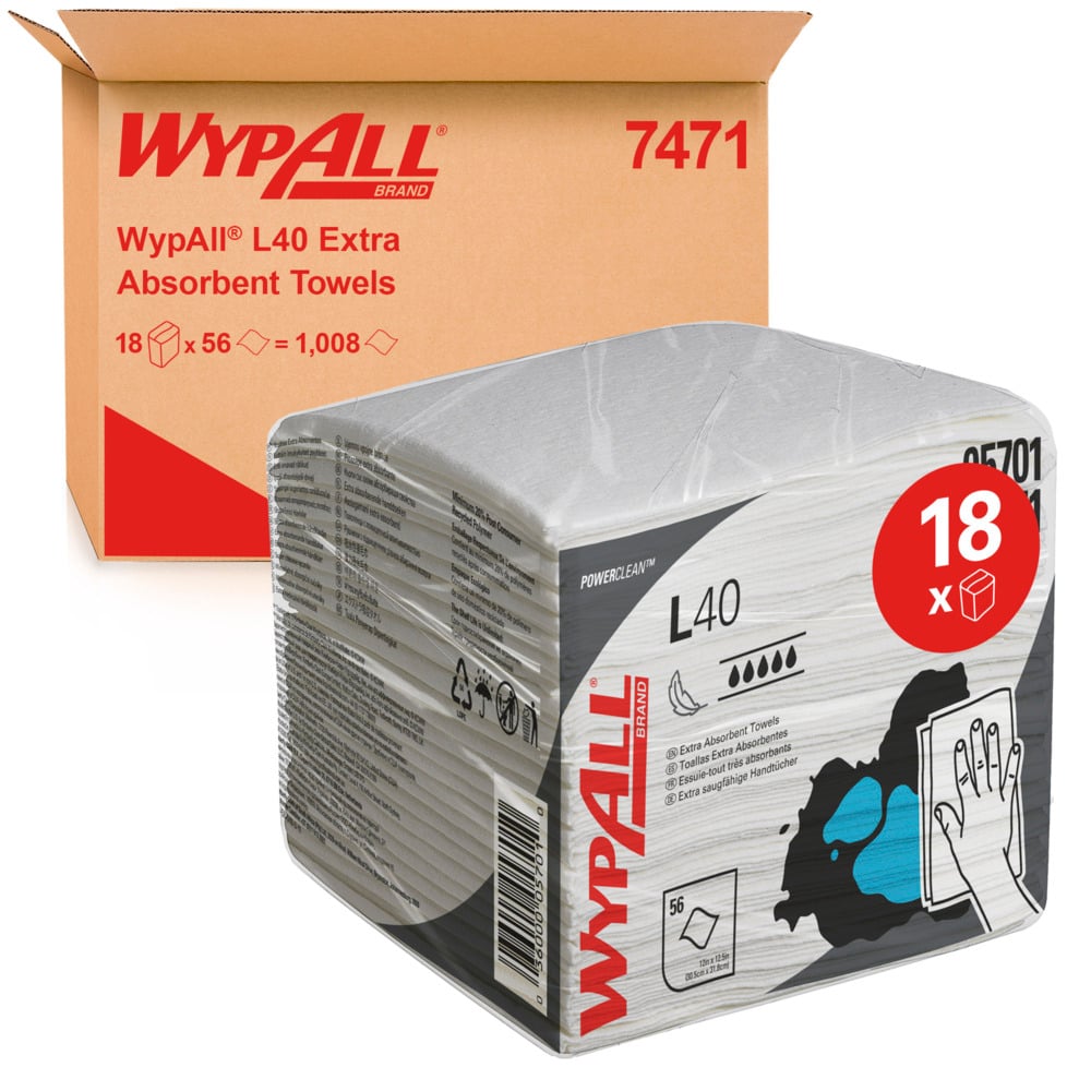 WypAll® L40 Power Clean™ Wischtücher 7471, 1-lagig, viertelgefaltet - weiß | Karton = 18 Pack a 56 Tücher